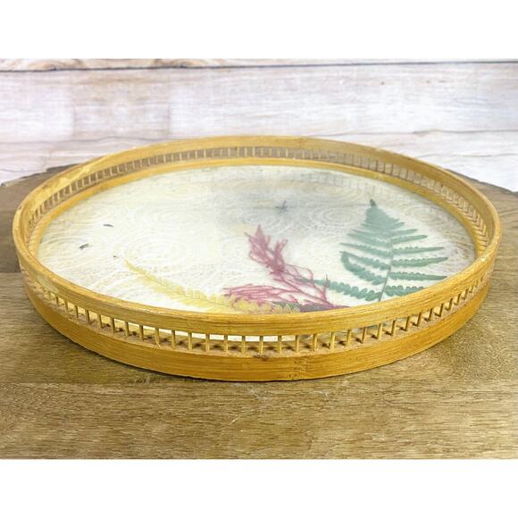 Vintage Bamboo Pressed Leaves 11” Round Serving Tray Only BOHO Decor - Picture 2 of 6